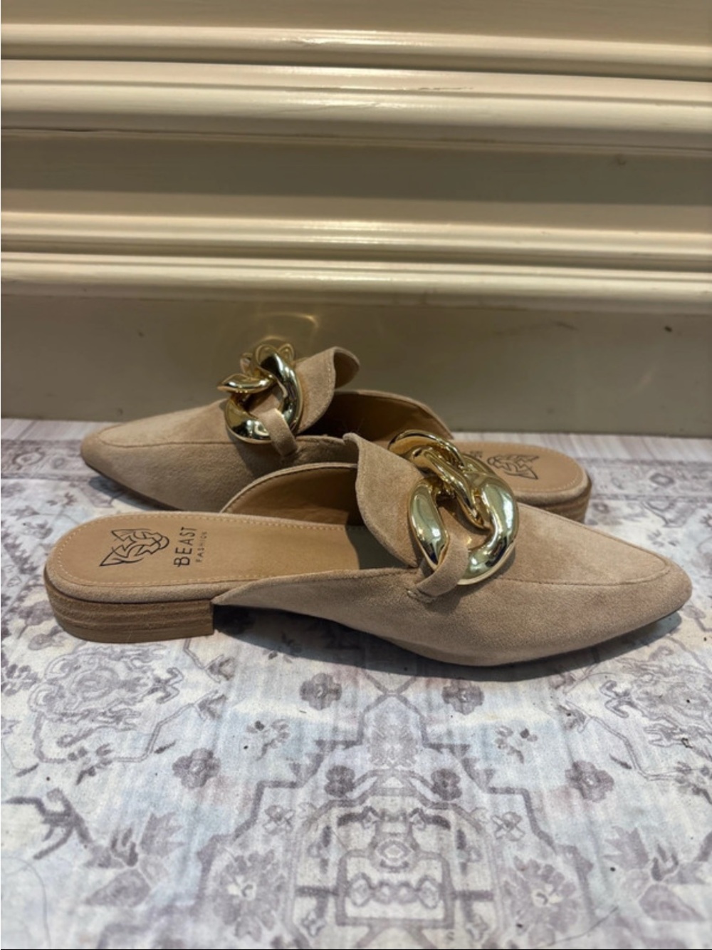 BEAST FASHION Tan Suede Pointed Slip-On Mules with Gold Chain Accent